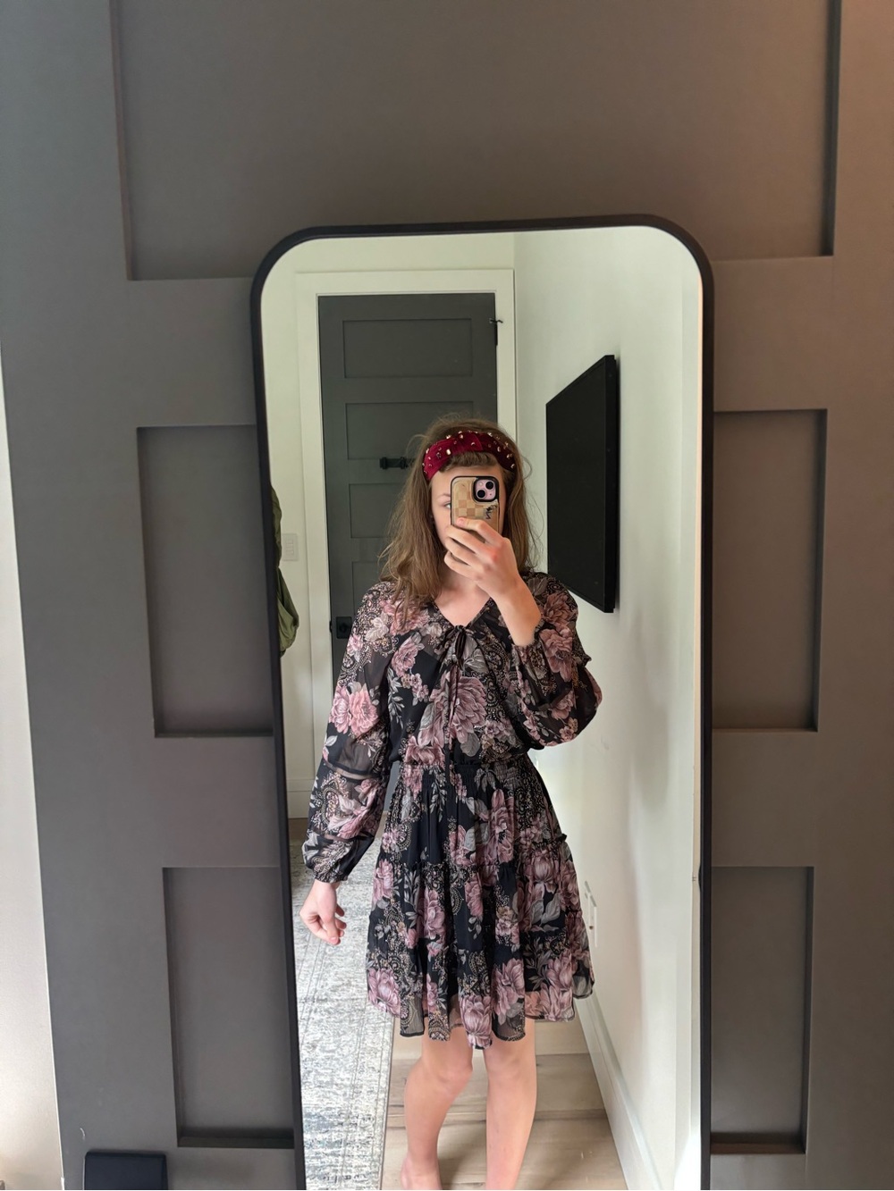lovestitch Black Dress with Pink Floral Print - Long Sleeve